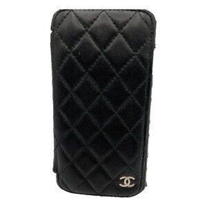 As found black leather chanel phone folio